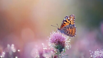 Obraz premium A butterfly perched on a dew-covered flower, highlighting the delicate relationship between nature and its creatures, creating a captivating moment in the wild.
