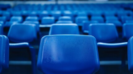 Obraz premium In a wide football stadium, rows of blue stadium seats are neatly lined up, displaying a clean and modern design.
