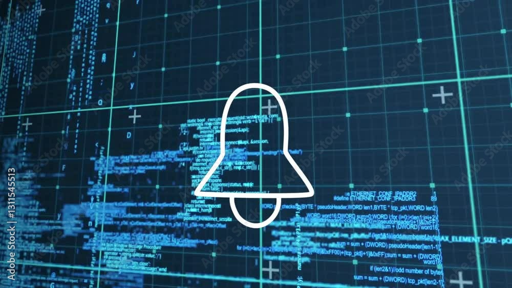 Poster animation of bell icon over digital code and grid background for notifications