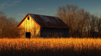 Obraz premium Rural Scene with Sun Casting a Warm Glow on a Country Barn in the Countryside