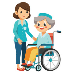 a nurse is taking care of a wheel chair patient vector