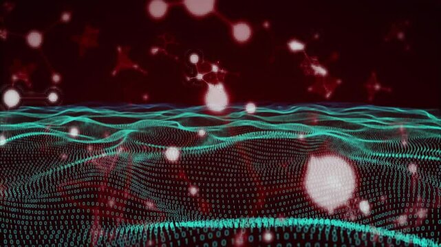 Digital binary code and molecular structures animation over abstract wave pattern