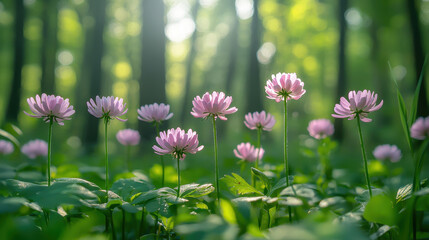 Fototapeta premium Delicate pink and white wildflowers blooming in serene forest undergrowth