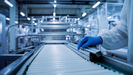 Fototapeta premium A gloved hand in a cleanroom suit inspects a conveyor belt in a high-tech manufacturing facility, emphasizing precision, hygiene, and advanced technology in industrial processes