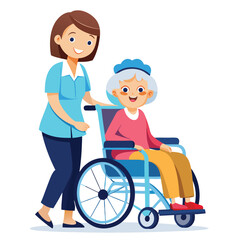 a nurse is taking care of a wheel chair patient vector