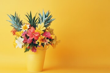 Fototapeta premium A colorful floral arrangement with pineapple foliage in yellow bucket