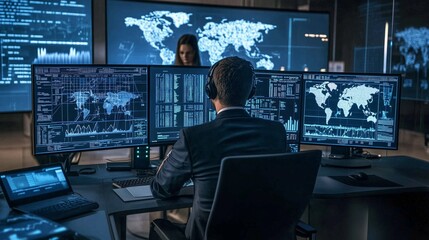 Cybersecurity analyst monitoring global network data on multiple screens. AI generated