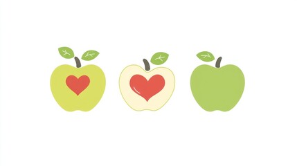 Three stylized apples, one whole, two halves, each with a heart inside, for a healthy lifestyle image