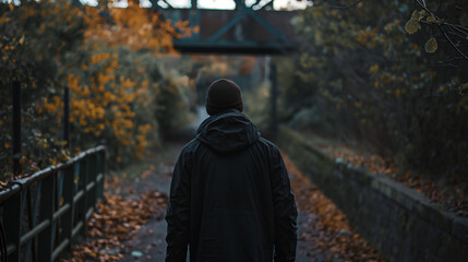 Naklejka premium Person in a hoodie walking alone on a bridge surrounded by autumn foliage.