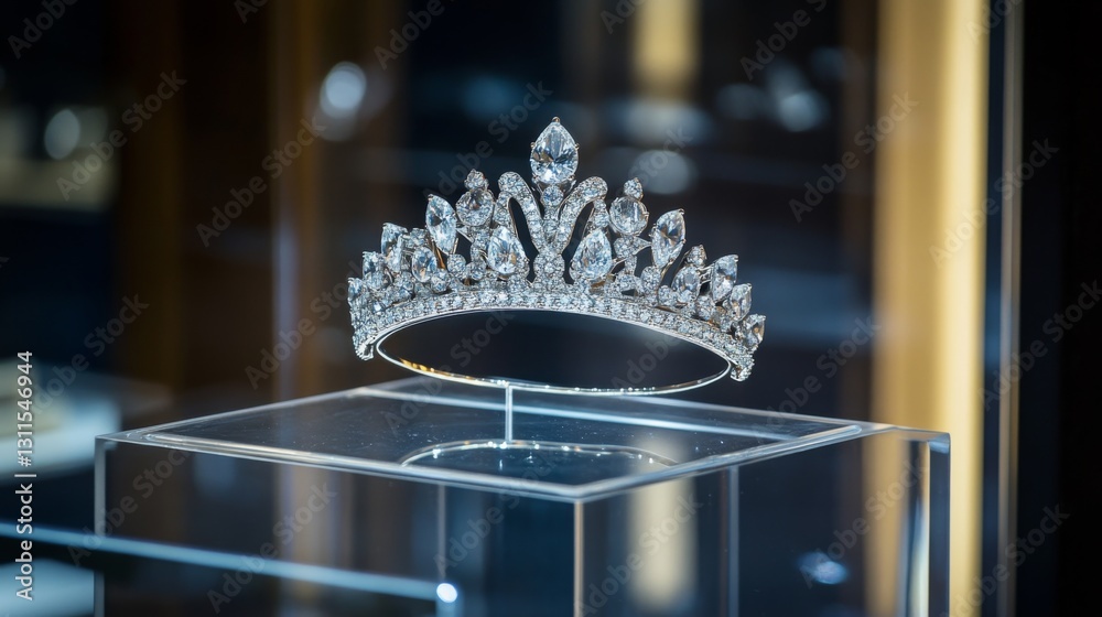 Poster a delicate diamond tiara placed on a glass display, shining brightly and symbolizing royalty and opu