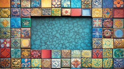 Colorful mosaic tile frame teal background. Intricate patterns art design. AI generated