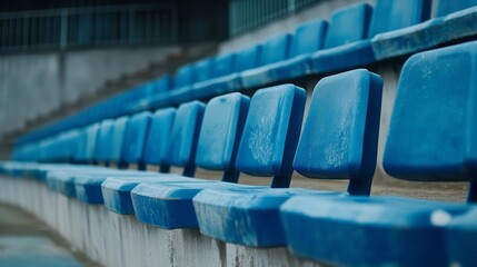 Obraz premium In a wide football stadium, rows of blue stadium seats are neatly lined up, displaying a clean and modern design.