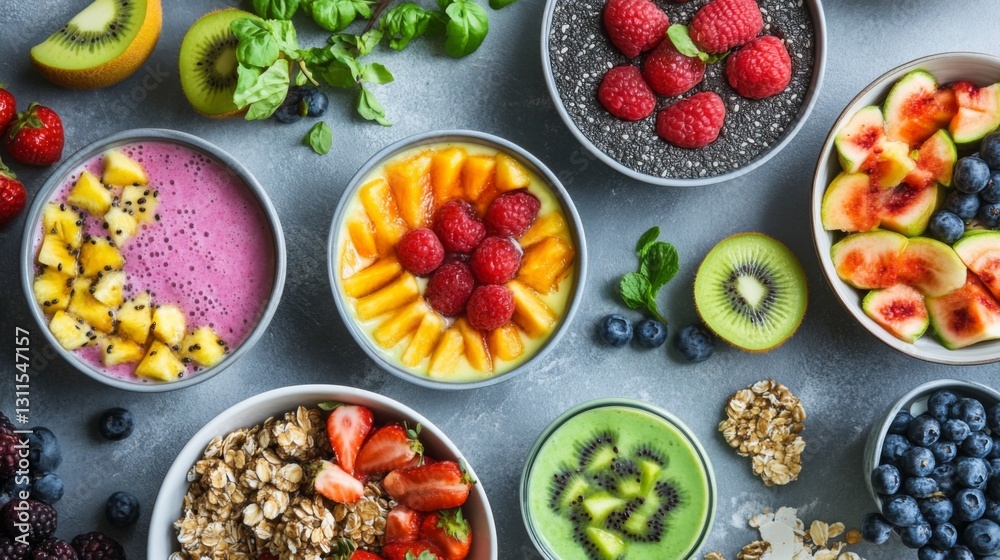 Aufkleber a flat lay of a healthy brunch spread featuring different fruit smoothies, bowls of fresh fruit, and