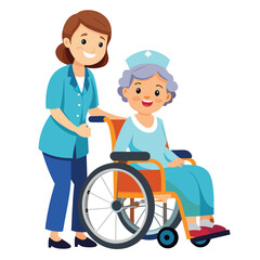a nurse is taking care of a wheel chair patient vector