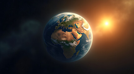 Stunning Cinematic Planet Earth Globe with Sunlight in Space - Detailed View of Africa Europe Asia Continents Clouds Vast Deep Space