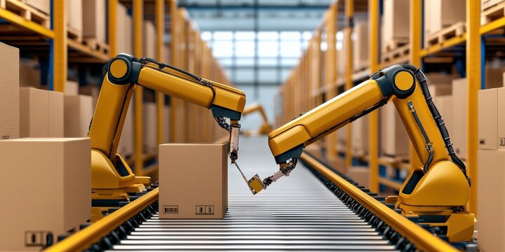 maintenance technical safety infrastructure concept. Robotic arms handling packages in a modern warehouse environment.