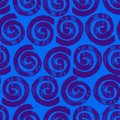 Geometric Swirls Seamless Pattern with Trendy Bold Lines Isolated on Blue Background. Colorful decorative and minimal hand drawn design perfect for print, fashion, wrapping paper, fabrics