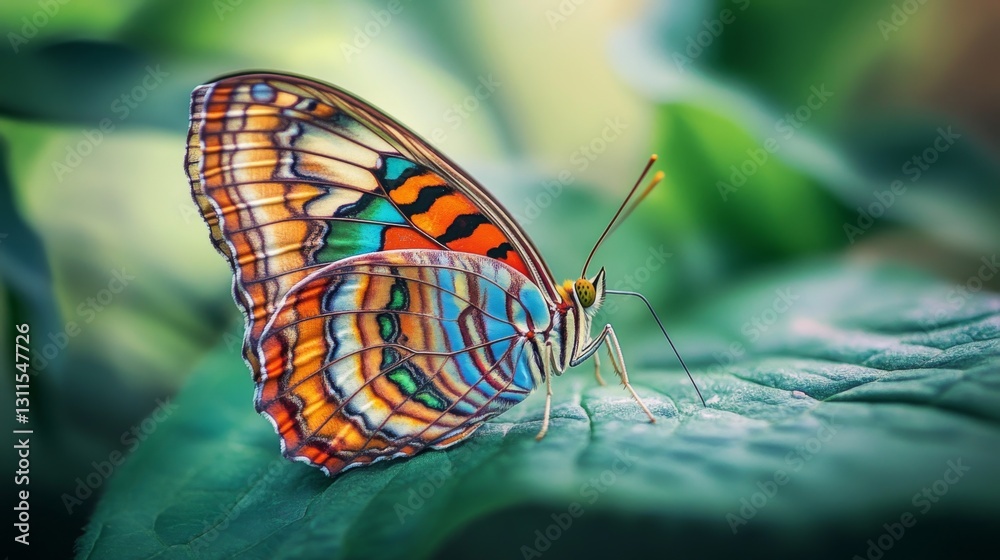 Poster a macro shot of a butterfly resting on a leaf, with intricate wing patterns and vivid colors, captur