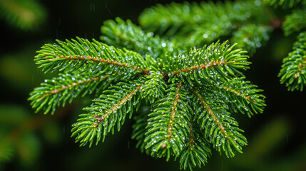 Crisp mountain air reveals detailed pine needles adorned with glistening water droplets