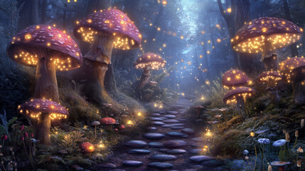Enchanted Summer Forest with Glowing Mushrooms and Fairy Lights, Creating a Magical and Dreamy Fantasy World