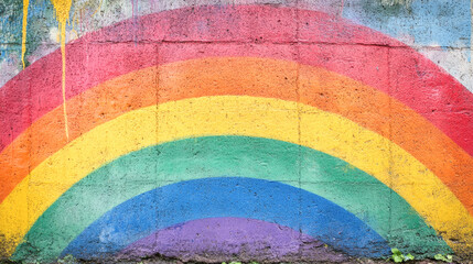 Fototapeta premium Colorful rainbow mural on concrete wall with weathered texture and vibrant curved bands