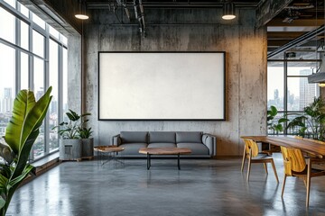 Modern office interior with blank billboard, sofa, and city view.