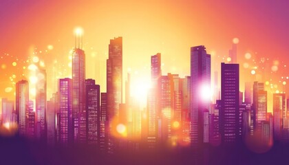 Fototapeta premium Vibrant City Skyline Silhouette A Modern Metropolis Bathed in a Colorful Sunset with Bokeh Effect