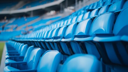 Fototapeta premium In a wide football stadium, rows of blue stadium seats are neatly lined up, displaying a clean and modern design.