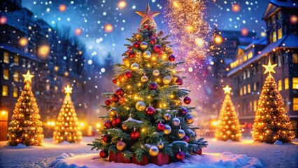 Sparkling Christmas Tree Night Lights Festive Background