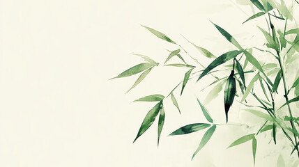 Fototapeta premium Aquarel ink painting of flying bamboo leaves, minimalist, oriental brushwork, light background. Generative AI
