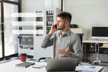 Obraz premium Business performance checklist concept, businessman using tablet and laptop doing online checklist survey, filling out digital form checklist.