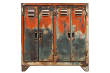 Industrial metal locker cabinet with vintage patina isolated on transparent white background
