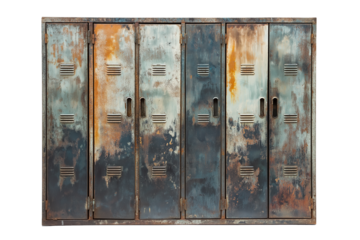 Industrial metal locker cabinet with vintage patina isolated on transparent white background