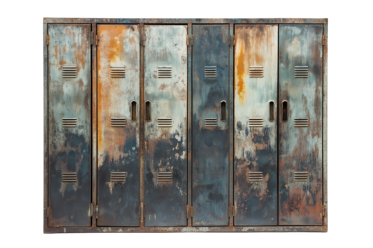 Industrial metal locker cabinet with vintage patina isolated on transparent white background