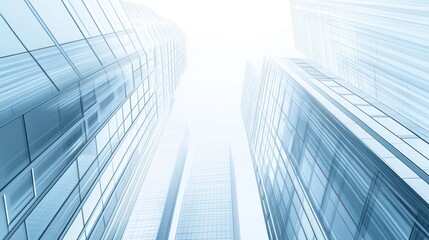 City skyscrapers, low angle view, bright sky, modern architecture, business background