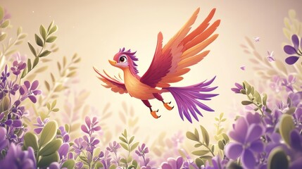 Magical bird flying flowers sunset garden illustration