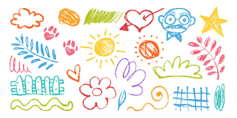 Collection of Funny Naive Multicolored Doodles Hand Drawn with Pencil and Charcoal. Colorful scribbles with happy vibes and grunge texture. Banner with random wobbly shapes