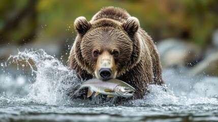 Brown bear wading water. Large bear holds fish in mouth. Wild animal in natural river environment. Focused on hunting food. Alaska wildlife scene.