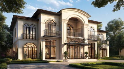 Obraz premium A stunning facade of a European villa featuring elegant architecture, large arched windows, and wrought-iron balconies, set against a backdrop of a serene landscape.