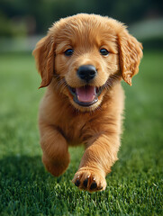 Adorable golden puppy running towards the camera on lush green grass.  Joyful expression, perfect for themes of happiness, pet adoption, or springtime.