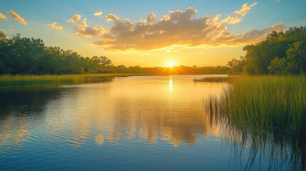 Obraz premium Lake at sunset. Water reflects light. Sky has clouds. Green trees surround lake. Beautiful nature scene. Bright and sunny.