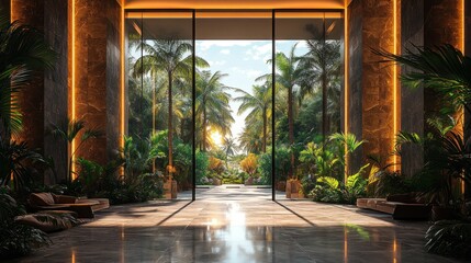 Fototapeta premium Modern Lobby Opens to Tropical Garden