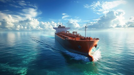 Obraz premium Large orange ship sailing on ocean. Clear blue sky with white clouds. Transport vessel moves fast on blue water. Cargo boat in sea.