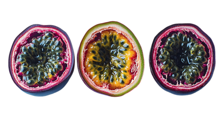 Three vibrant passion fruit halves, artfully arranged against a soft blue backdrop.