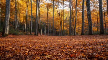 Obraz premium Autumn Forest Scene. Tall trees and many fallen leaves. Orange and yellow colors. Nature landscape. Woodland park. Ground covered with leaves.