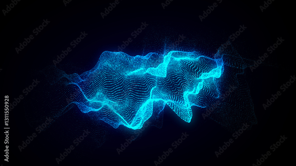 Fototapete Abstract digital blue circle wave on black background. Big data visualization. Analytics representation. Sphere with explosion of bright particles. 3d rendering.