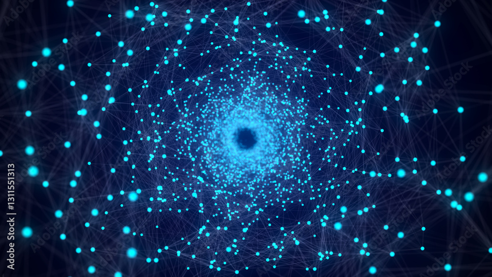 Poster Abstract 3d portal. Circle tunnel or wormhole. Digital background with connected blue dots and lines. 3D rendering.