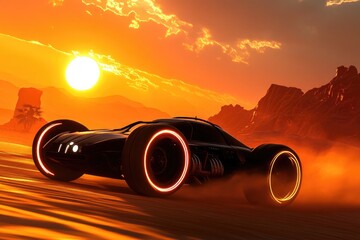 A glowing hot rod racing across a desert under twin suns