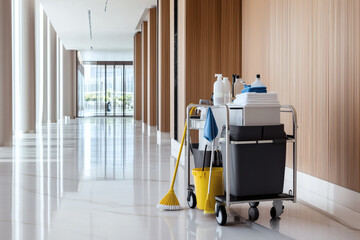 Cleaning Cart in Modern Building Hallway