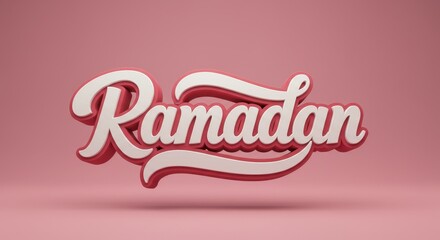 3D "Ramadan" lettering in pink and white gradient with glossy texture and floating typography